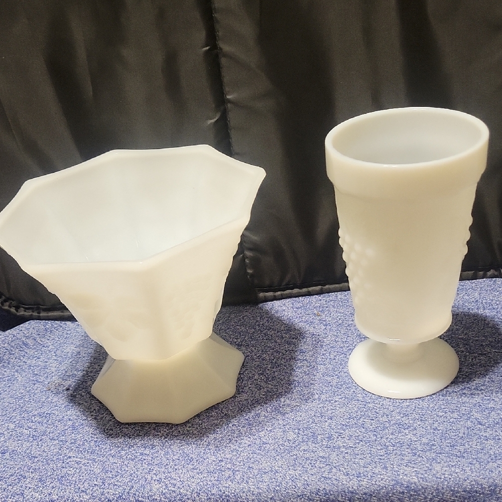 Anchor Hocking Milk Glass vase 4 7/8" & Ice Tea Goblet 5 3/4" set of 2 NO FLAWS